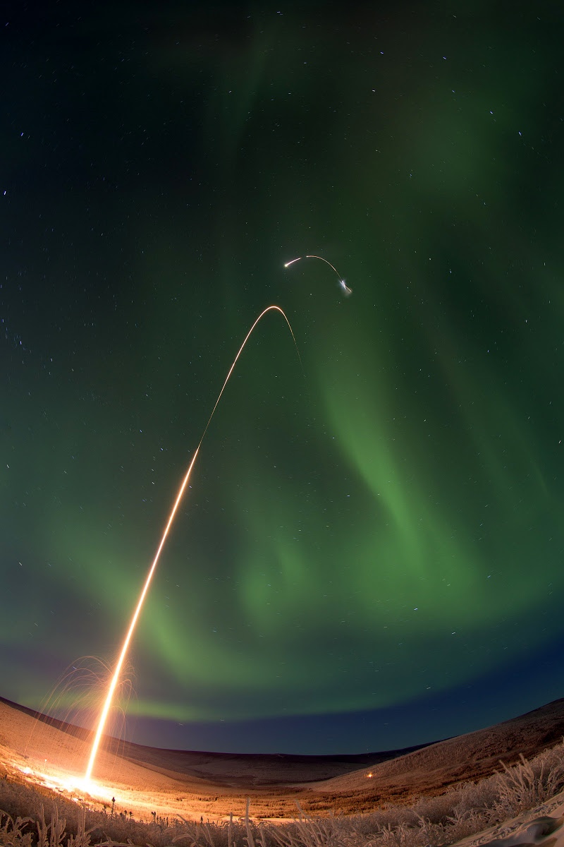 Sounding rocket lighting up the night sky. Image provided by NASA.