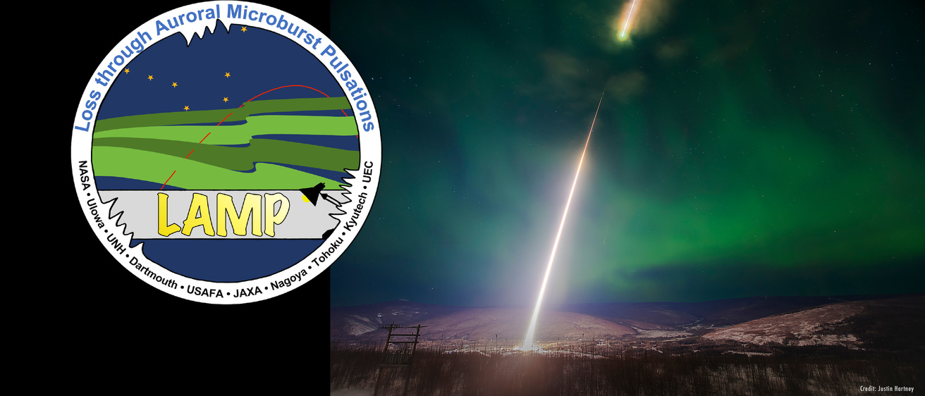 The LAMP Mission logo with an image of the mission's successful launch in the background.